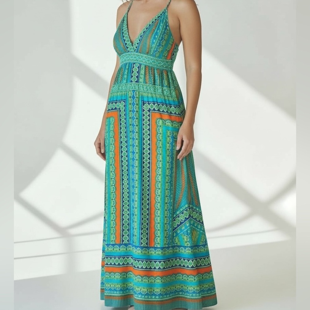 Hale Bob Boho Maxi Dress‎ Vibrant Print Halter Tie Back Size Small
